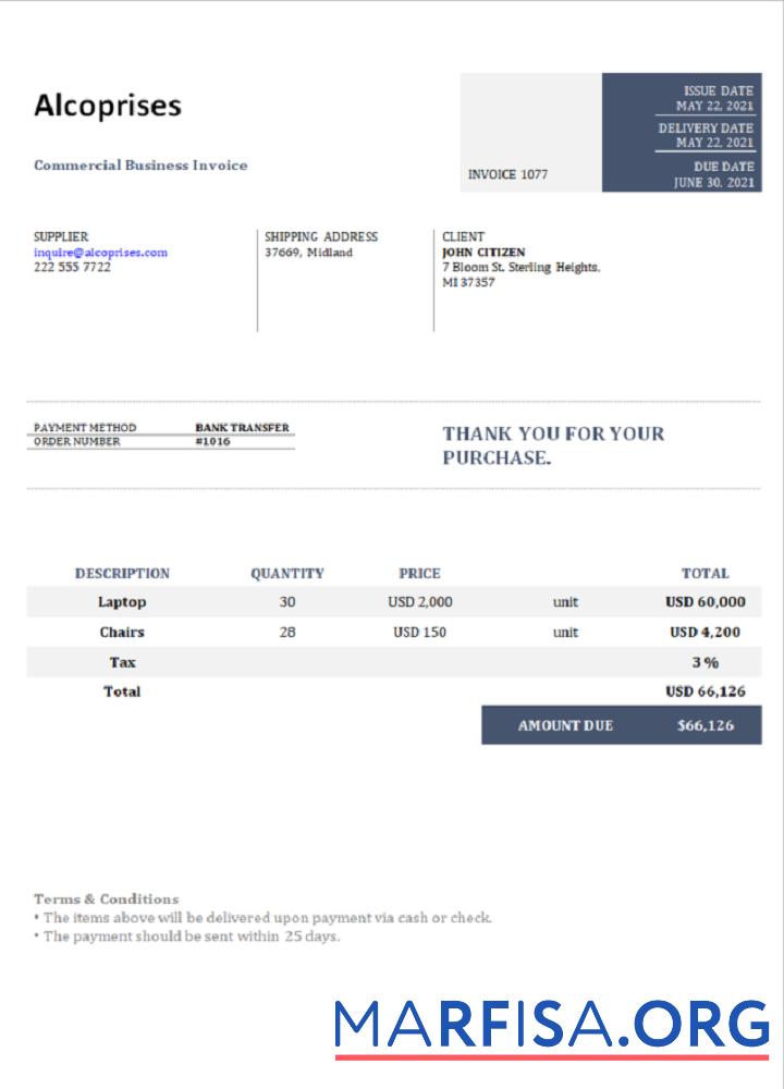 Realistic USA Alcoprises invoice download for verification